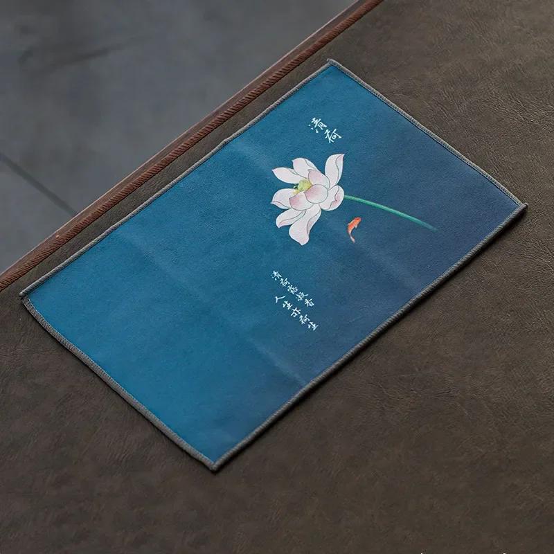 Chinese Painted Flower Pattern Thickened Tea Towel Plush Imitation Deerskin Absorbent Water Rag Tea Napkins Cloth Tea Ceremony