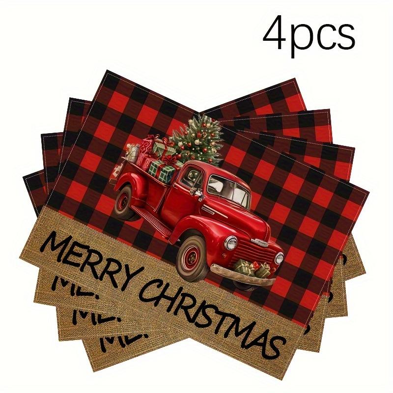 4pcs, Vintage Pickup Truck Merry Christmas Placemats, Linen Red Black Buffalo Plaid Truck Christmas Tree Christmas Table Mats, 12*18 Inch Winter