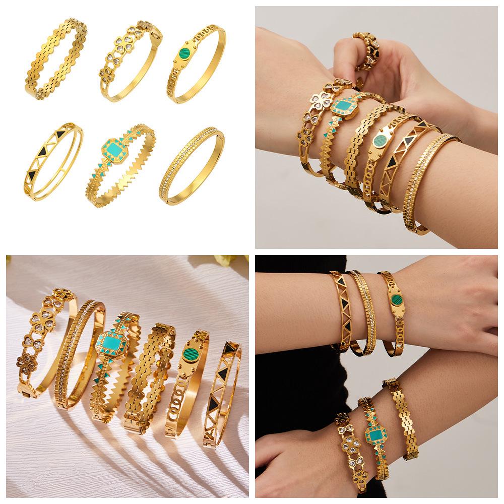 European and American Style Geometric Enamel Buckle and Zircon Flower Stainless Steel Bracelet Set