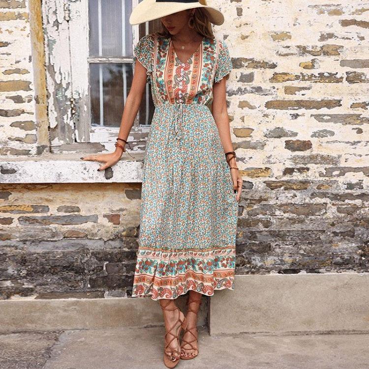 Women Retro Slim Fit Long Print Dress European American Style Summer Green