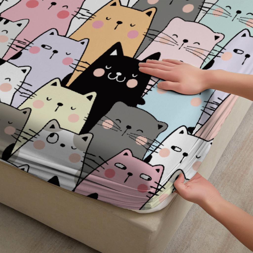 3pcs Fitted Sheet Set Cute Cat Pattern Print Design Bed Sheet Easy Care Anti-Slip With Pillowcases For Bedroom Decor