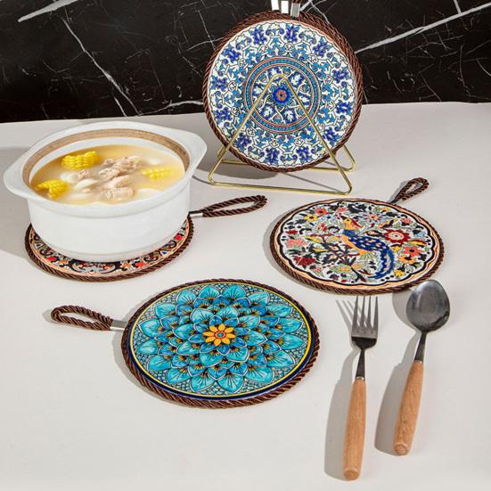 Decorative Heat Mat Vintage Ceramic Trivet, Resistant Pot Holder for Casserole Enamel Elegant Dining Placemat Cookware, Traditional Table Hot Dishes,