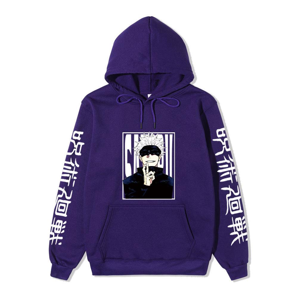 Jujutsu Kaisen Satoru Gojo Unisex Fleece Hoodie Autumn Winter Anime Character Japanese Kanji Sleeve Print Long Sleeve Pullover Sweatshirt