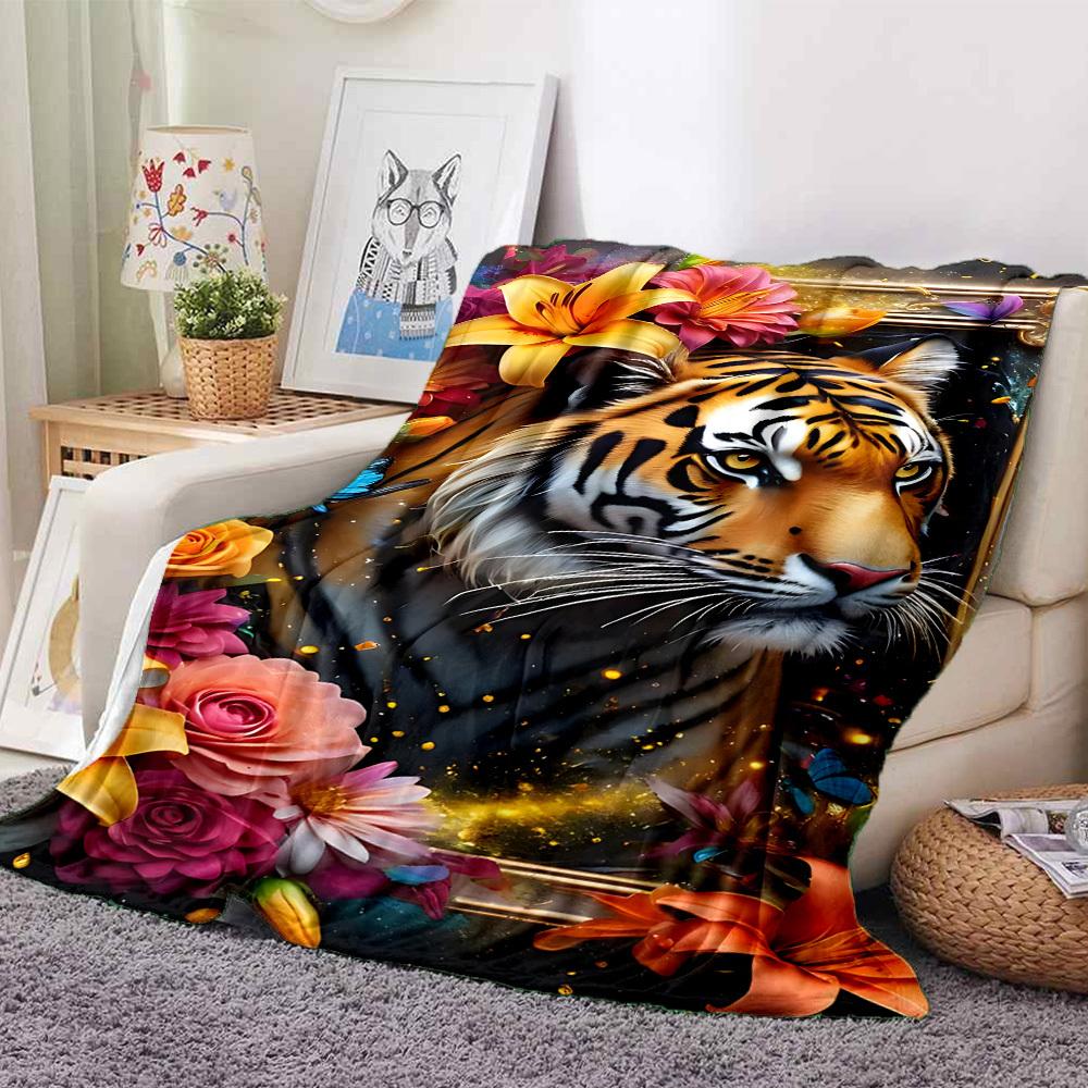 1pc Tiger Portrait Blanket Lightweight Flannel Blanket Throw Blanket For Sofa, Bed, Travel, Camping, Livingroom, Couch, Chair, And Bed yy2509026219