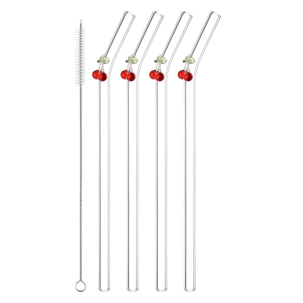 1/2/5Pcs/set Reusable Straws Clear Glass Straws Colorful Cherry Design with 1 Cleaning Brush for Smoothies, Milkshakes, Juices,
