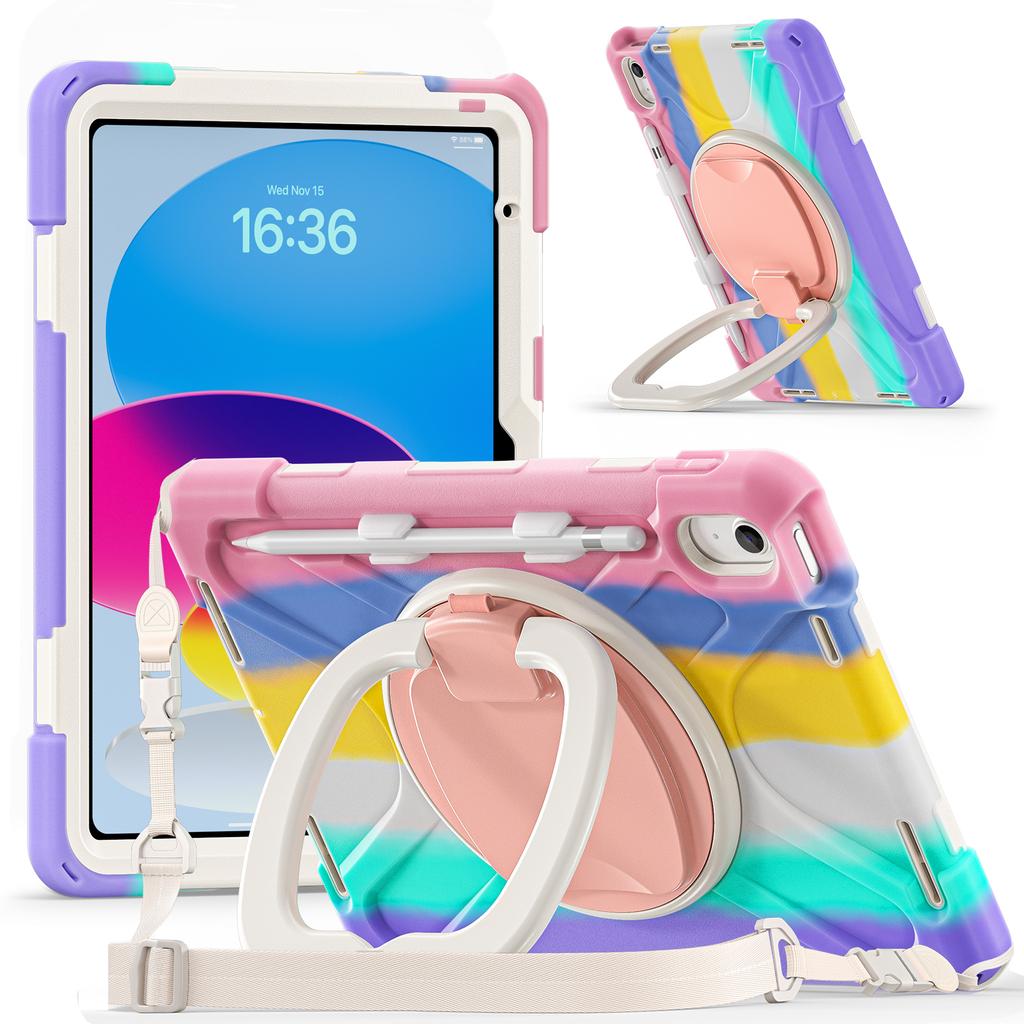 For iPad (2025) / 10.9 (2022) Case with Shoulder Strap TPU + PC + Silicone Kickstand Tablet Cover