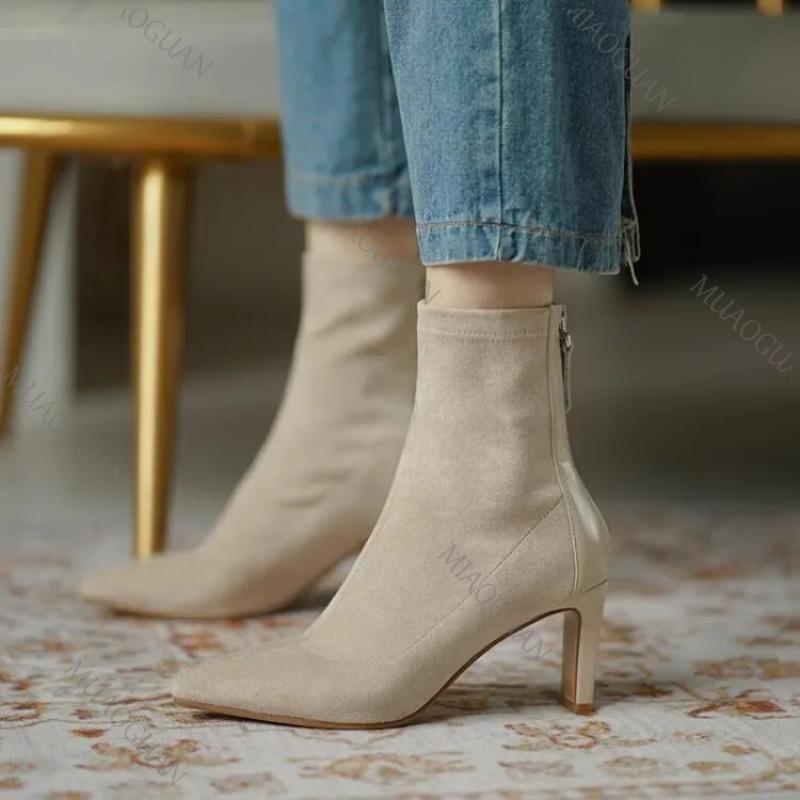 Fashion 2025 Women Ankle Boots Fashion Pointed Toe Ladies Elegant Short Botas Thin High Heel Spring Autumn Suede Women's Botines Chelsea