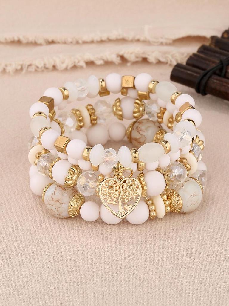 Boho Multi-layer Beaded Bracelet with Heart, Tree of Life, and Crystal Pendants
