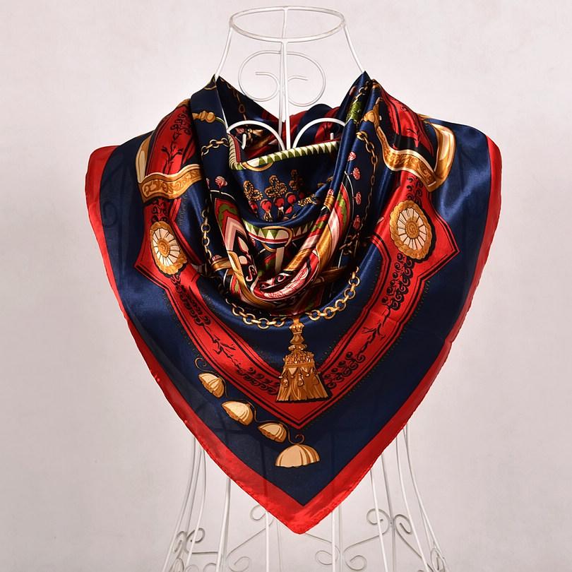 New Style Female Satin Red Big Square Silk Scarf Printed, Women Coffee Silk Scarf Hijab Wraps For Summer,Autumn 90*90cm