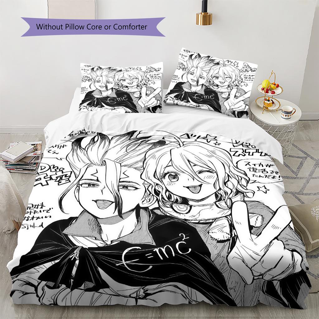 Dr STONE Pattern Bedding,Quilt Set Quilt Cover Pillowcase Home Birthday Gift (1 * Duvet Cover + 2 * Pillowcase, Without Core)