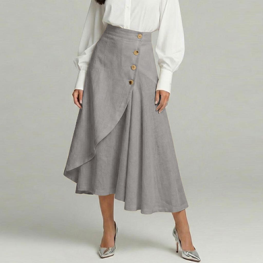 Women's Fashionable Cotton-Linen High-Waisted Button-Front Asymmetrical -Color Skirt