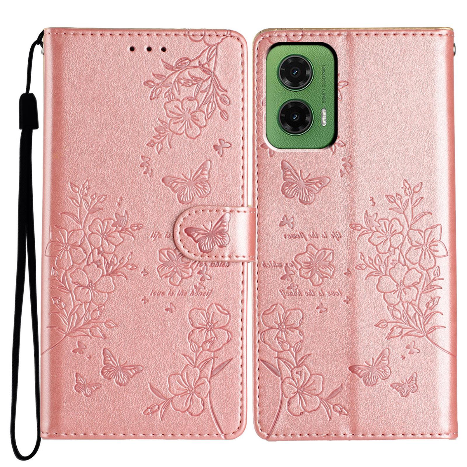 

Для Motorola Moto G35 5G Wallet Phone Case Butterfly Floral Imprint Leather Flip Cover Rose Gold