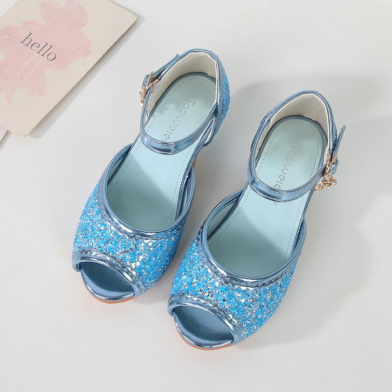 Girls Sandals Children's High Heel Princess Shoes Summer Little Girl Sequined Crystal Shoes Elsa Fashion Mary Jane Classmate