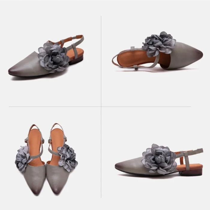 Johnature Genuine Leather French Flower Pointed Toe Sandals Retro Versatile Women's Low Heel Shoes