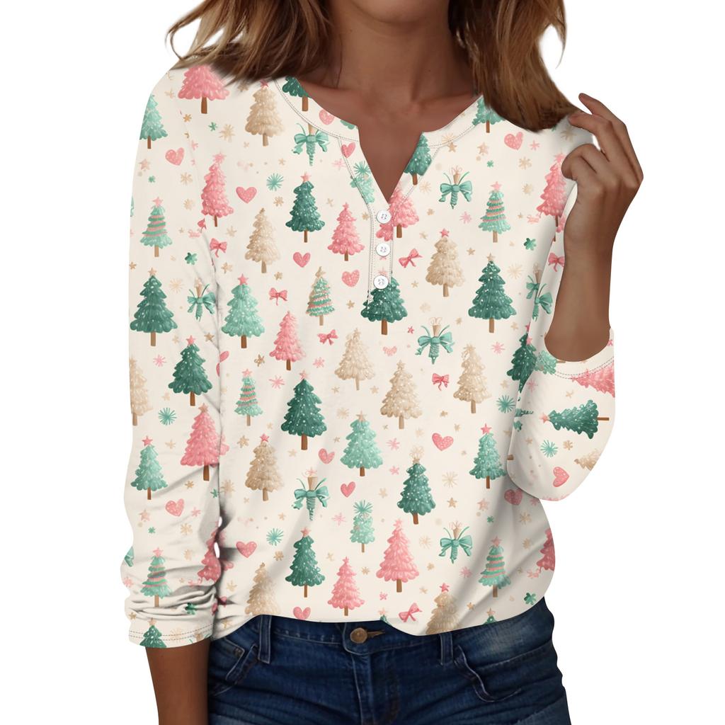 Women's Fashion Casual H Printed V-Neck Long Sleeve Decorative Button T-Shirt Tops