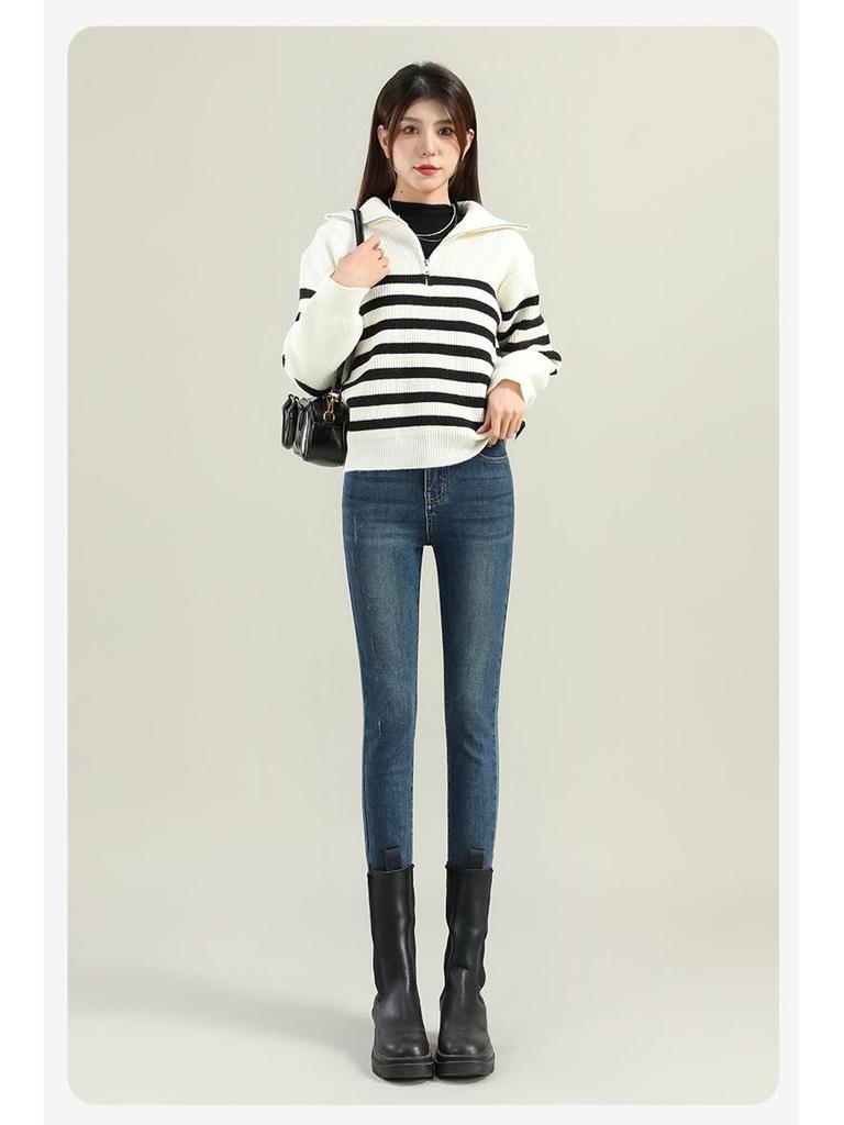 Women's Dark Blue Fleece-Lined Skinny Jeans - 2025 Winter Slim Fit, Thickened, Tight-Fitting, Show-Thin Pencil Pants for Boots