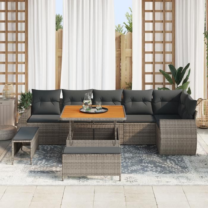 Ensemble de canapé de jardin 9 pièces avec coussins gris en Poly Rattan Acacia, Ensemble de salle à manger de jardin 3 3361888