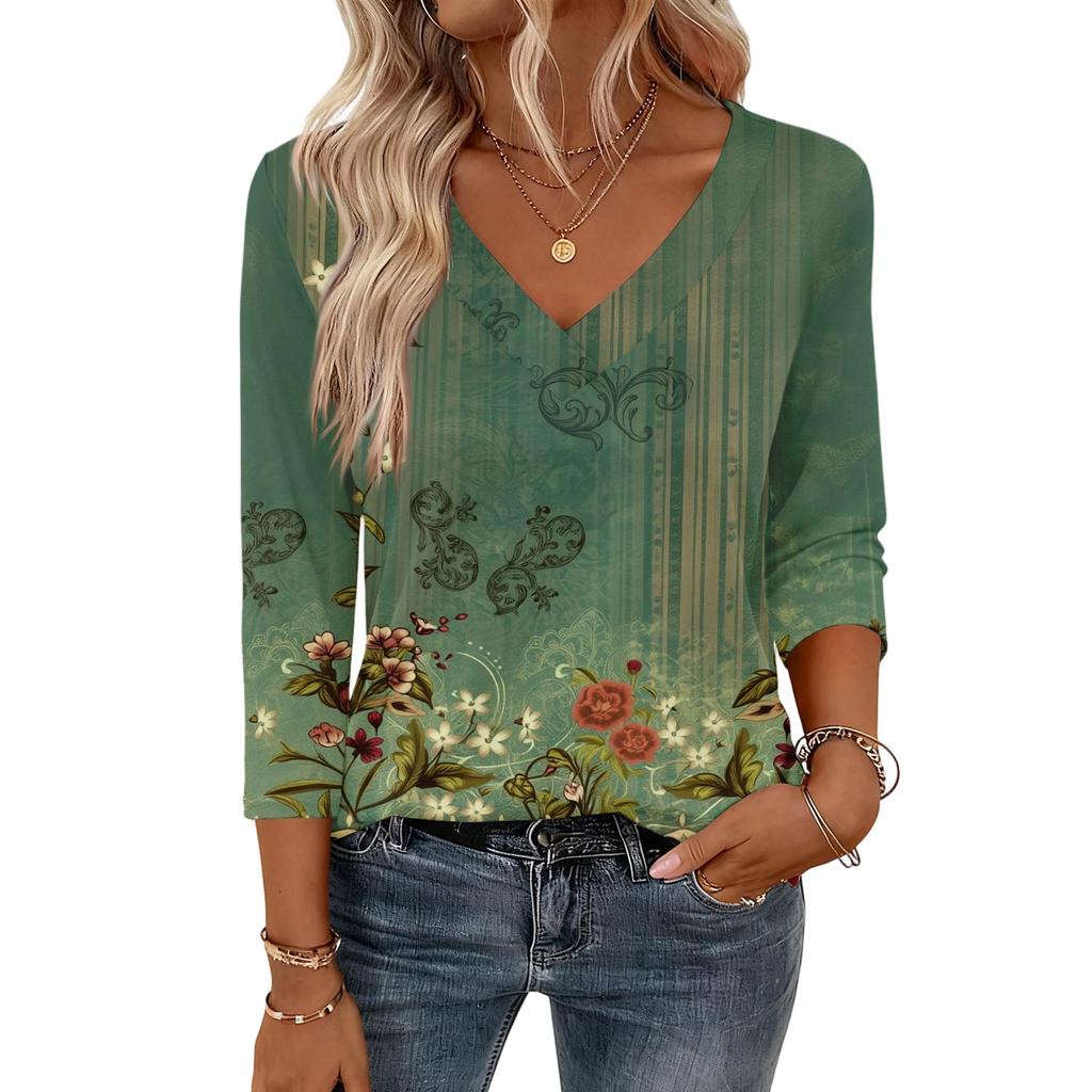 Damenoberteile mit 3/4-Ärmeln V-Ausschnitt Hemd Lässige Bluse Basic T-Shirts