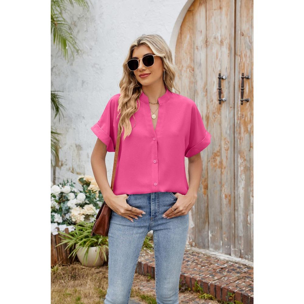 Sommer Neue Einfarbig V-ausschnitt Lose Kurzarm Button-Down Chiffon Hemd