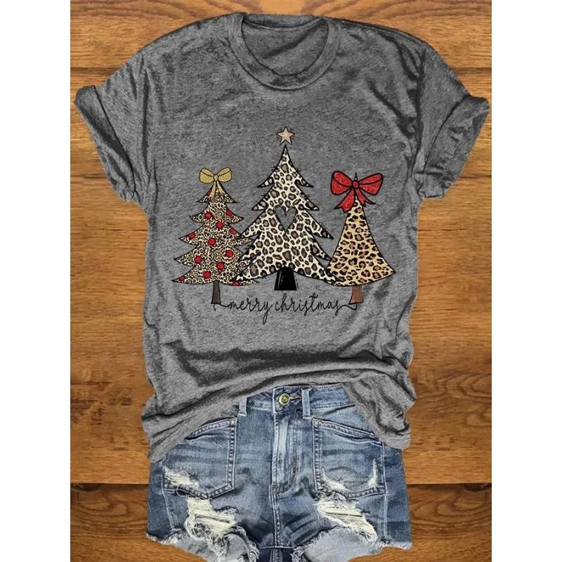 Letní dámská trička s krátkým rukávem, módní, ležérní, s 3D potiskem vánočního stromku a kulatým výstřihem