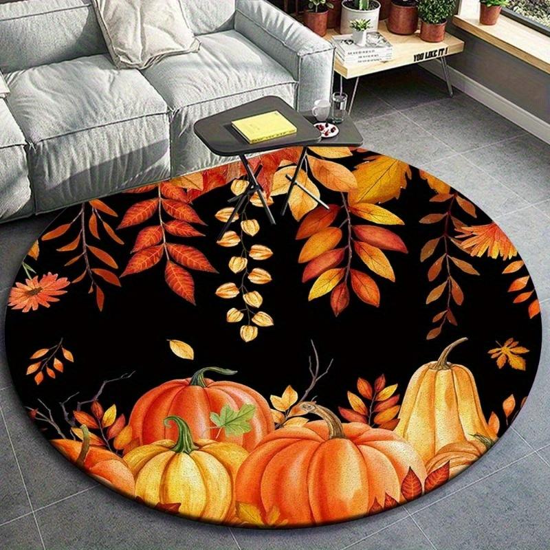 Autumn Pumpkin Leaves Rug Round Flannel Mat Fall Harvest Season Decor Living Room Bedroom Floor Carpet Warm Orange Tones 60cmx60cm