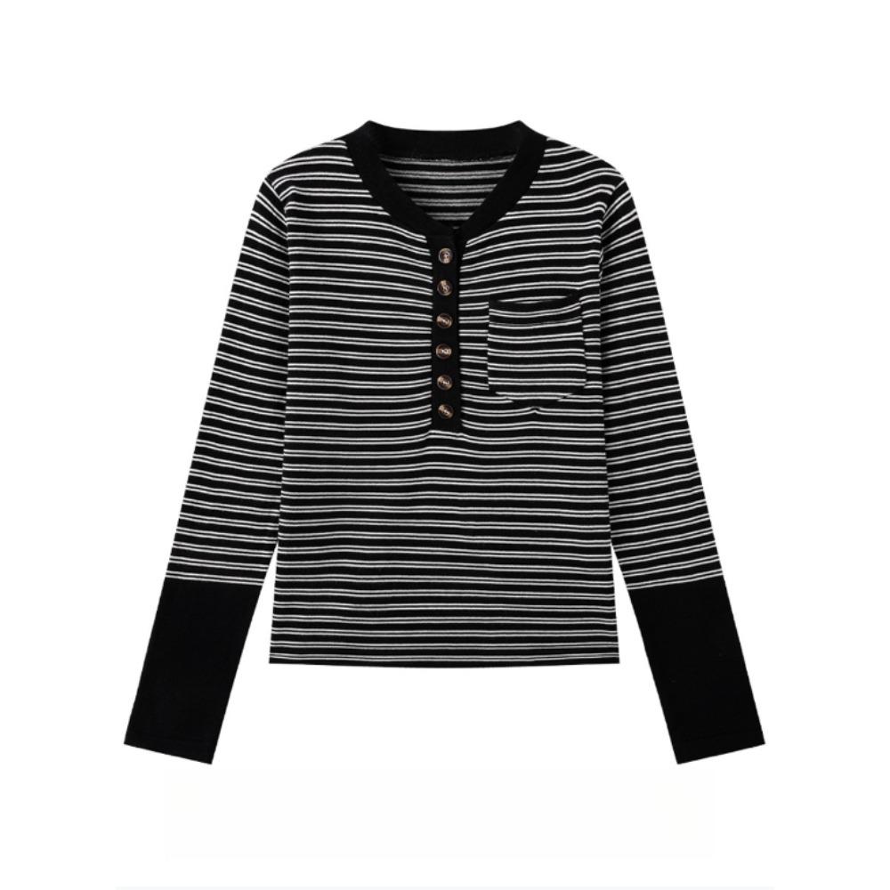 A Retro Long-sleeved Knitted Sweater for Women's Autumn New Design, with A Unique and Contrasting Color Striped Slimming Top