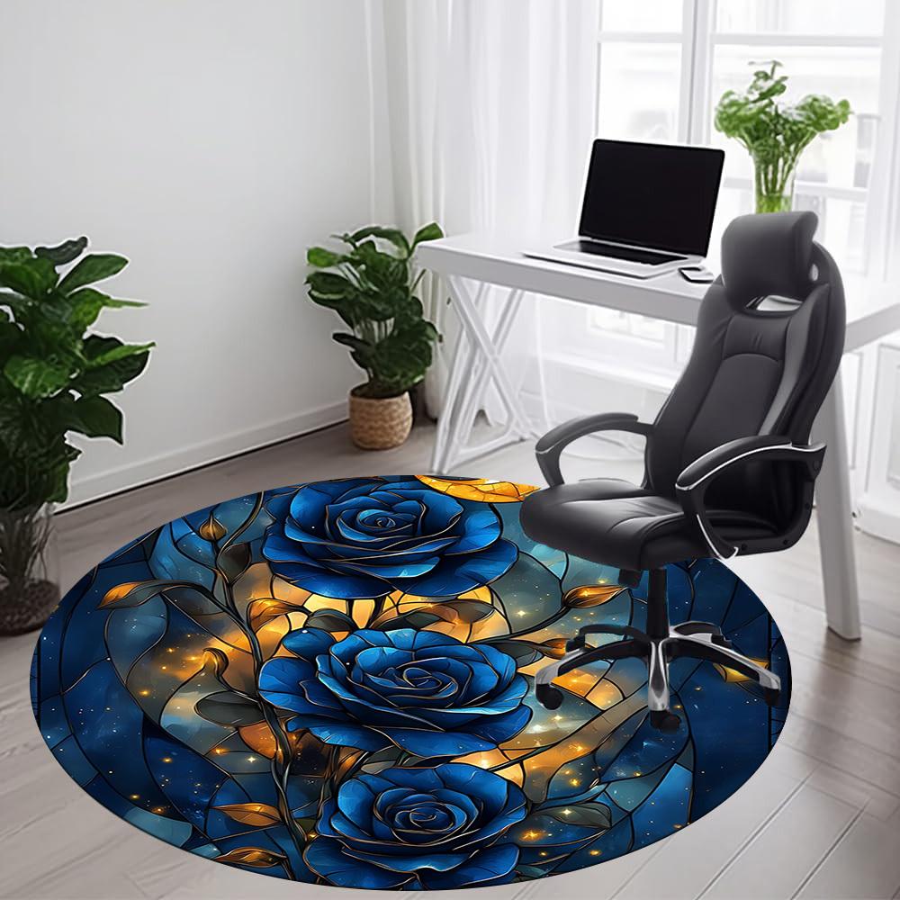 1pc Blue Roses Stained Glass Office Round Area Rug, Indoor Mat Suitable ForOffice, Under Office Chairs Bedroom Living Room Home Decor, Room Deco,  N63