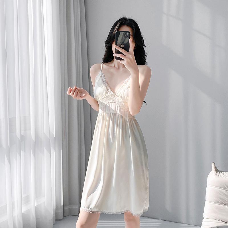 New splicing lace V-neck nightdress women's summer breathable ice silk suspender skirt with cardigan outside direct supply