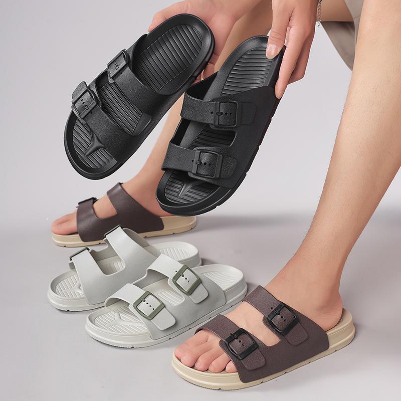 Fashion Summer Men's Casual Slippers Simple Solid Color Buckle Plastic Slip-On Flats Couples Adjustable Slippers Outdoor Sandals