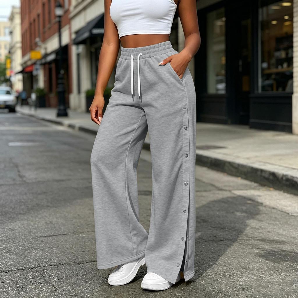 Women's Casual Color Wide Leg Pants with Side Buttons Loose Fit Trousers for Everyday Wear