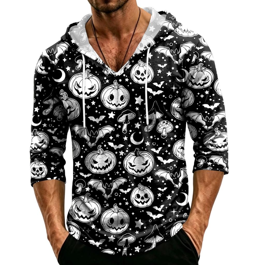 Men's Loose Fit Casual Hoodie Three Quarter Sleeve Pullover Halloween Pumpkin Pattern Lightweight Breathable Top for Everyday Wear