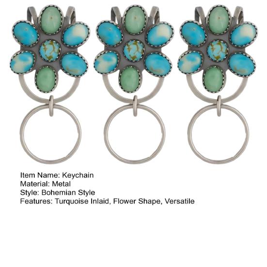 Turquoise Inlaid Bag Clip Key Holder Bohemian Style Flower Design Key Finder Car Keychain