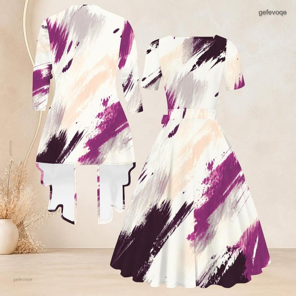 Women Plus Size Two Piece Set Square Neck Short Sleeve Tie Waist Flared Dress And Mid Sleeve Printed Cardigan Blue Gold