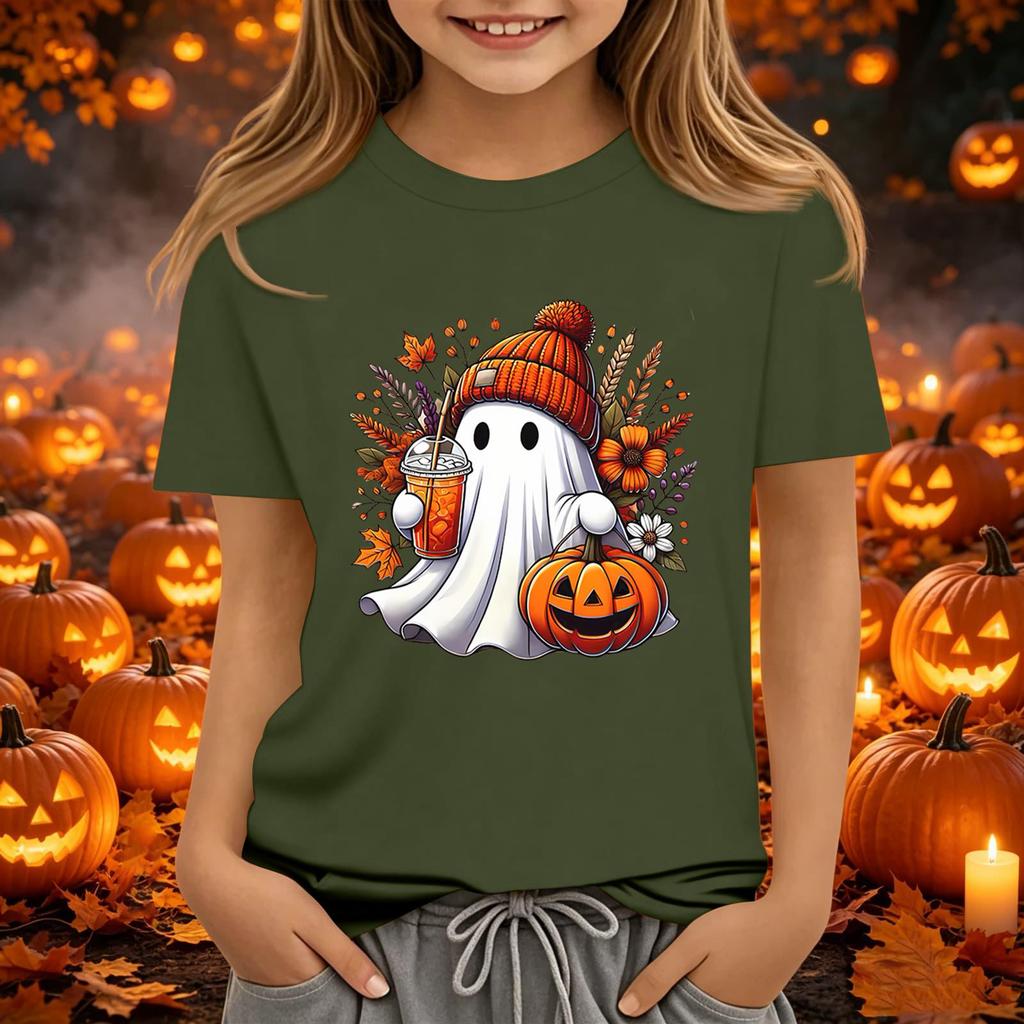 Kids Halloween Printed Short Sleeve T-Shirt Neck Relaxed Fit Casual Top for Boys and Girls