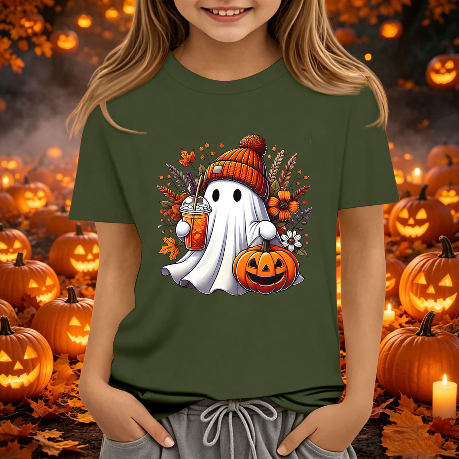 Kids Halloween Printed Short Sleeve T-Shirt Neck Relaxed Fit Casual Top for Boys and Girls 100