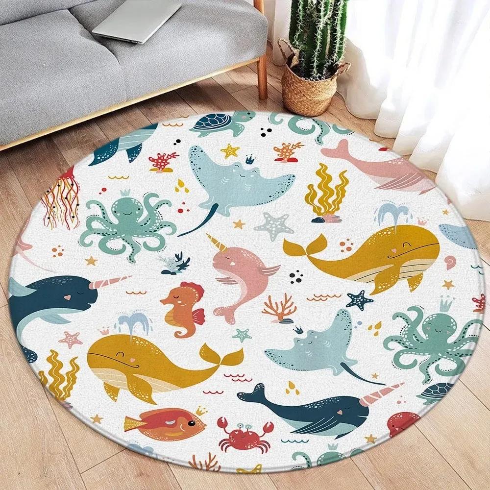 Wildlife Cartoon Animals Round Carpet Cute Dinosaur Whale Themed Kids Bedroom Rug Home Living Room Decorative Floor Mats