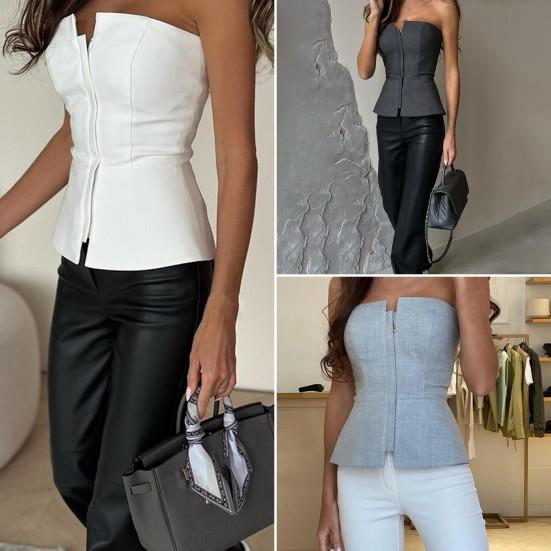Frauen Sexy Rohr Tops Bandeau Ärmellose Tops Zipper Knopfleiste Slim Fit Einfarbig Party Tops Streetwear