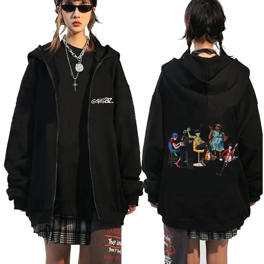 Anime Rock Band Gorillaz Demon Days Eyes Graphic Zipper Hoodie Men Hip Hop Fashion Oversized Zip Up Jacket Unisex Zip Up Sweatshirt