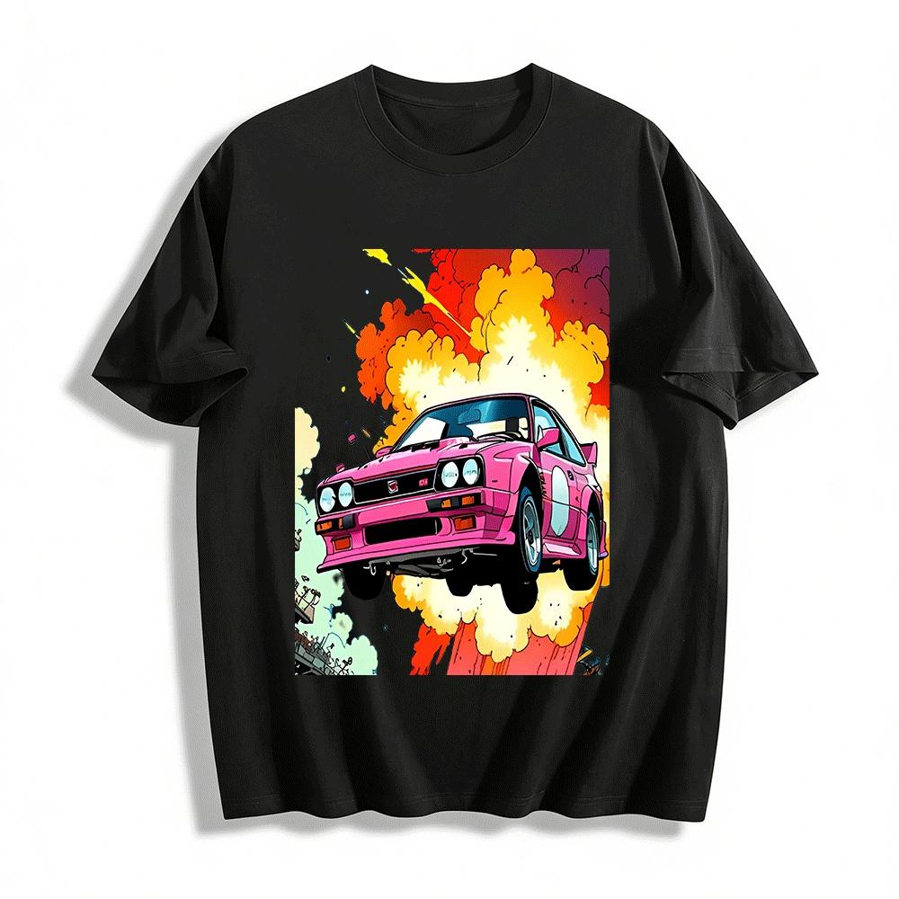 

Vintage Pink Racing Car Explosion Comic Style Print Tee Pure cotton T-shirt XXS