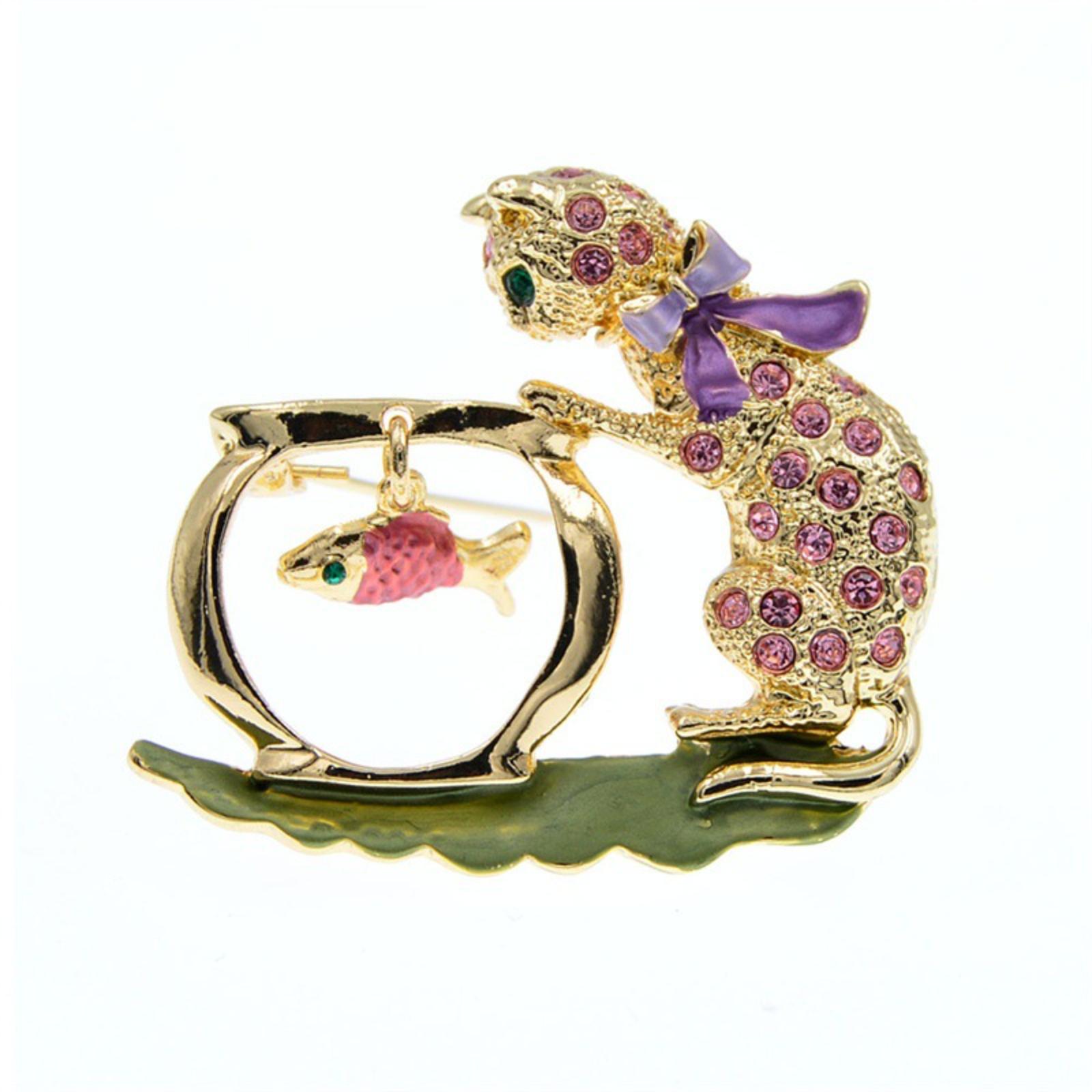 Cat and Fish Bowl Brooch with Crystal Accents Bow Tie Detail Animal Themed Jewelry Accessory for Clothing Bags and Hats One Size