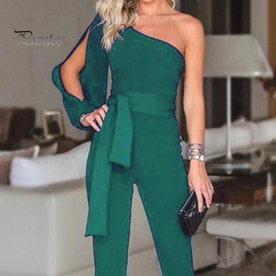 Salopetă de vară, primăvară, pentru femei, cu un umăr, cu o singură mânecă despicată, cu dantelă, talie strânsă, picior lat, culoare pură, stil formal, petrecere, bal, banchet, salopetă lungă