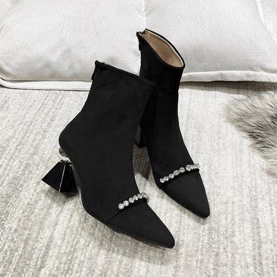 Fashion Autumn New Single Boots Women's Fashion Pointed Suede Rhinester After Zipper Temperament Short Boots