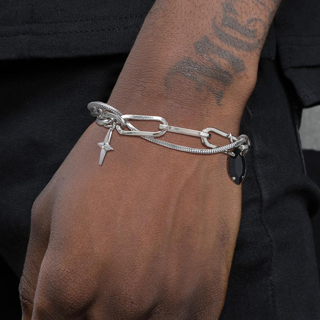 Hip Hop Stainless Steel Bracelets for Men Boys,Two Layers Adjustable Stacked Wristband,Trendy Jewelry Gifts