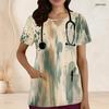 Women Plus Size Abstract Printed Nurse Scrub Top Keyhole Neck Short Sleeve With Front Pockets
