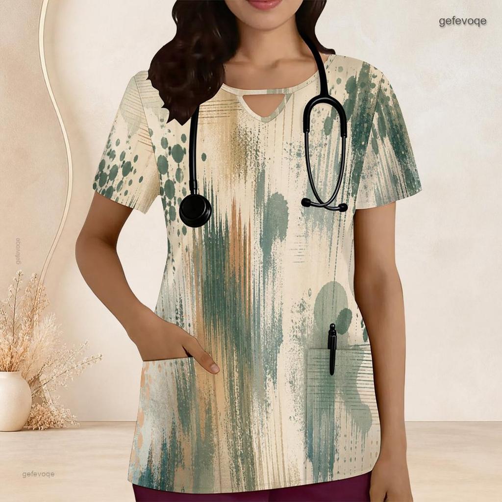 Women Plus Size Abstract Printed Nurse Scrub Top Keyhole Neck Short Sleeve With Front Pockets