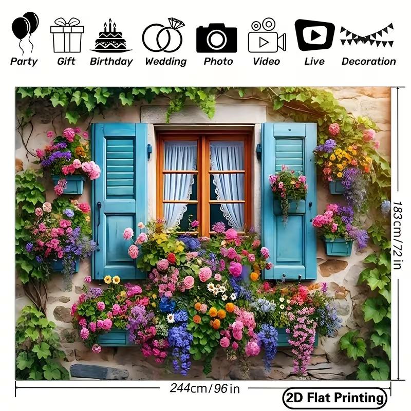 2D Blumenfenster Kulisse, Rustikales Steinhaus mit Weinranken Fotografie Hintergrund für Alle Anlässe