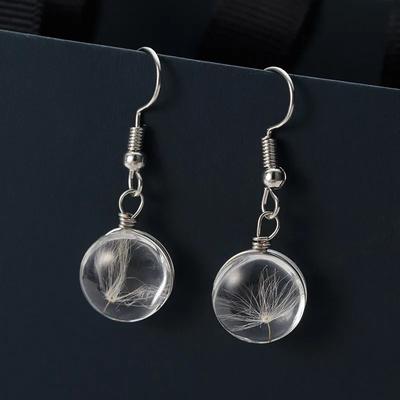 Bohemian Natural Dandelion Glass Drop Earrings For Women Dried Flower Dangle Earrings Jewelry