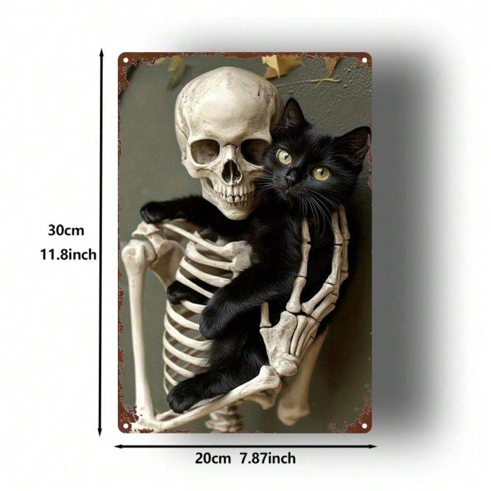1pc Halloween Skull Black Cat Metal Sign 8x12 Inch 2D Flat Printed Iron Tin Square Wall Hanging Decor Vintage Retro Spooky