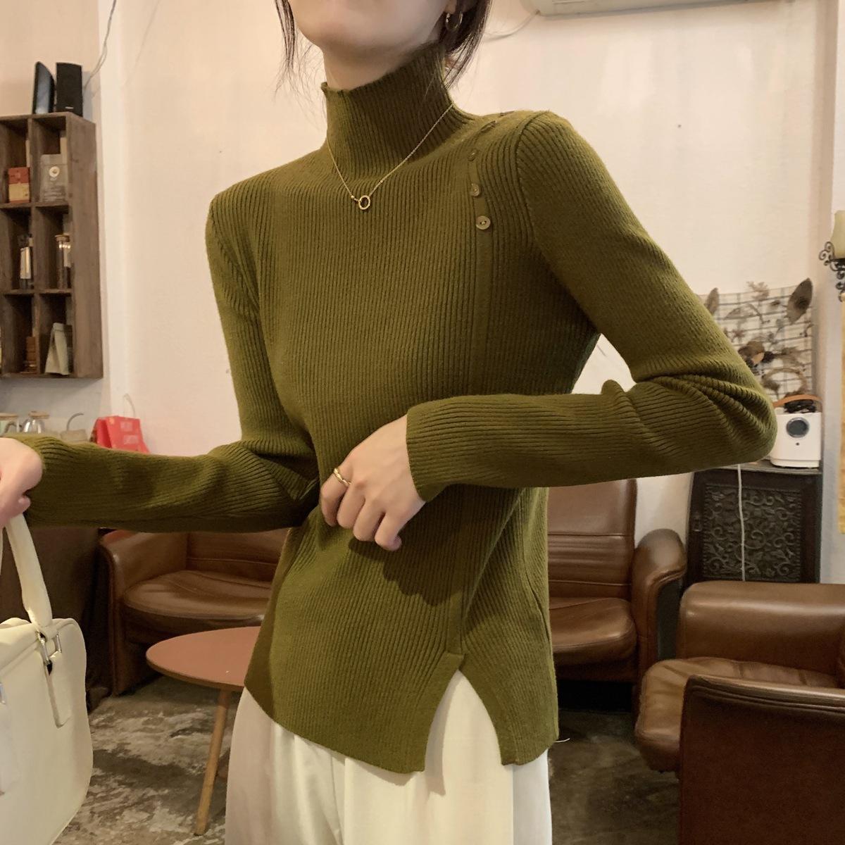 

Мягкий вязаный свитер с полувысоким воротом и разрезом на клеевой основе свободного кроя для осени и зимы, базовая рубашка с корейской версией простого внутреннего верха L зелёный