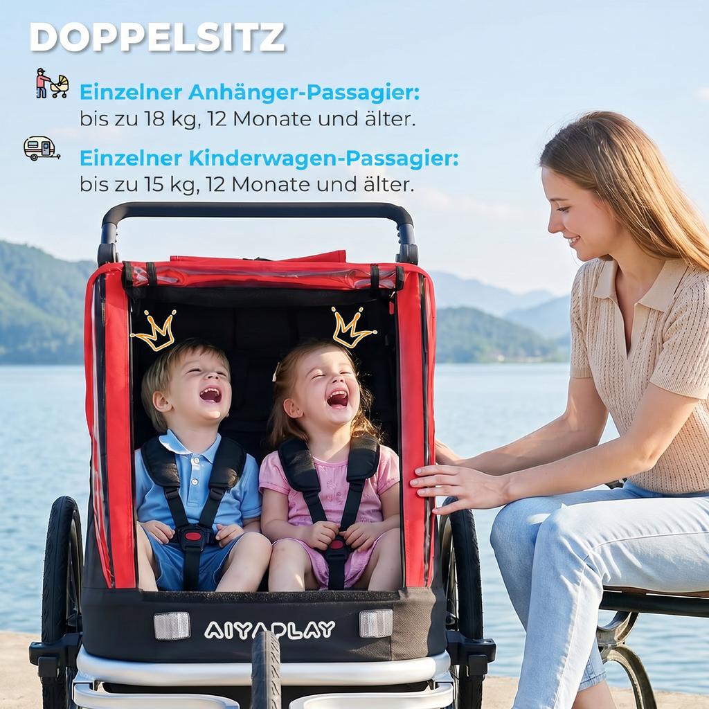Bike Trailer for Kids, 2-Seater, 2-in-1 Foldable Kids' Bike Trailer with Adjustable Seat and Harness, Red